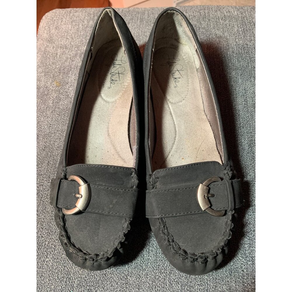 LifeStride Black Buckle Flats Size 7.5 Womens Comfort Slip-Ons Durable Casual